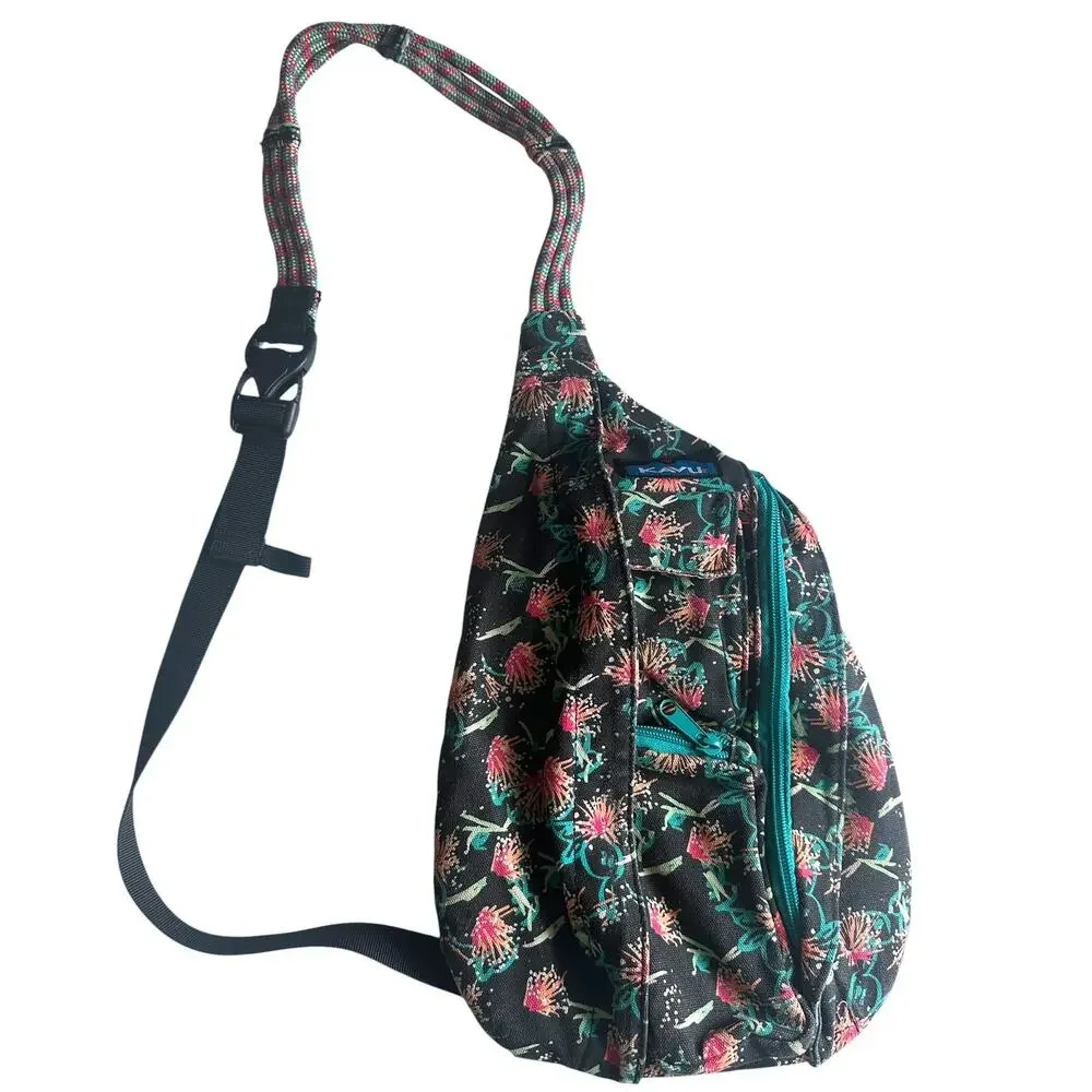 Kavu Rope Sling Bag Sparklers Print Ropalooza Black Red Teal Canvas Backpack